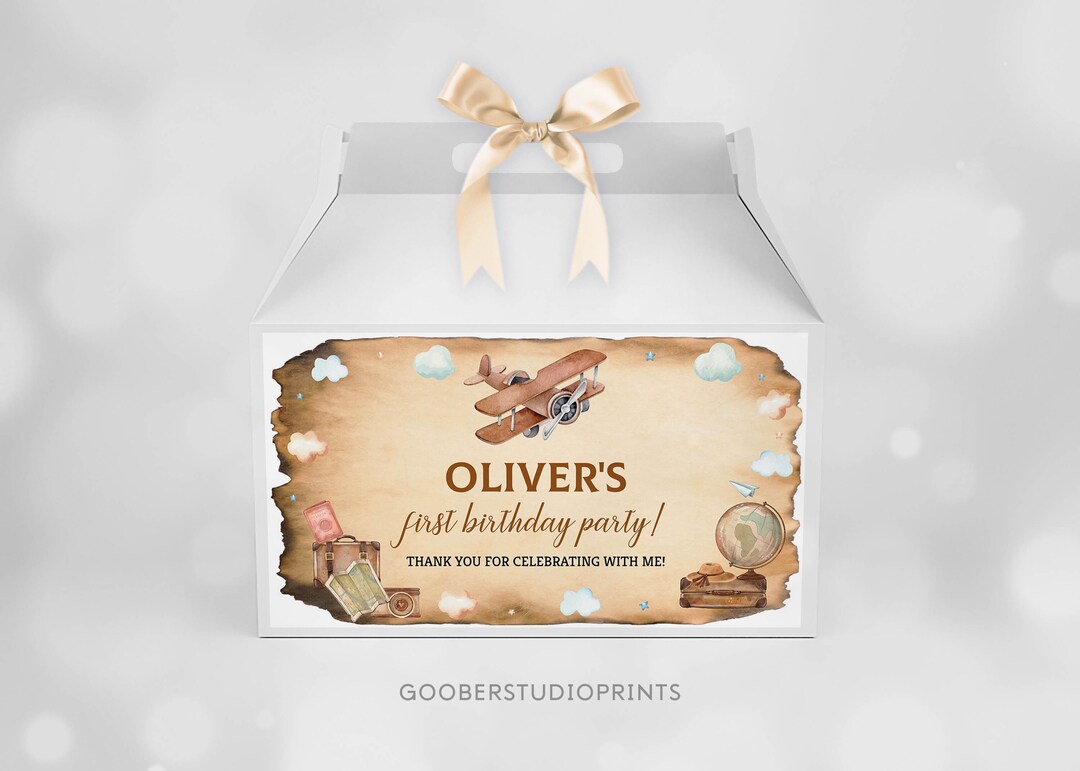 EDITABLE Airplane Birthday Gable Gift Box Label, Vintage Airplane Party