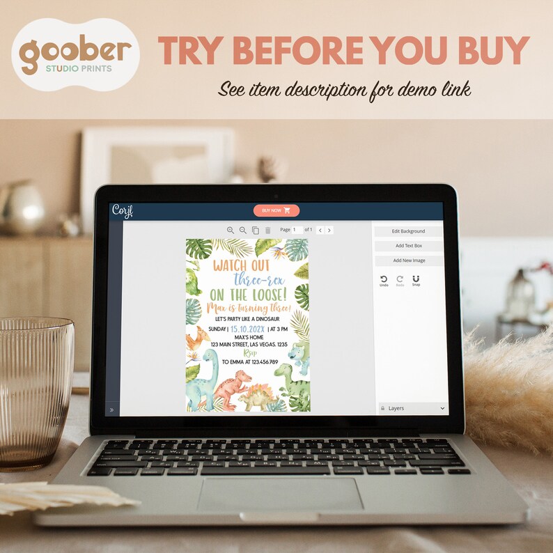 May include: A laptop screen displaying a digital dinosaur-themed birthday invitation template with the text WATCH OUT three-rex ON THE LOOSE! Max is turning three! surrounded by watercolor illustrations of various dinosaurs and tropical leaves.