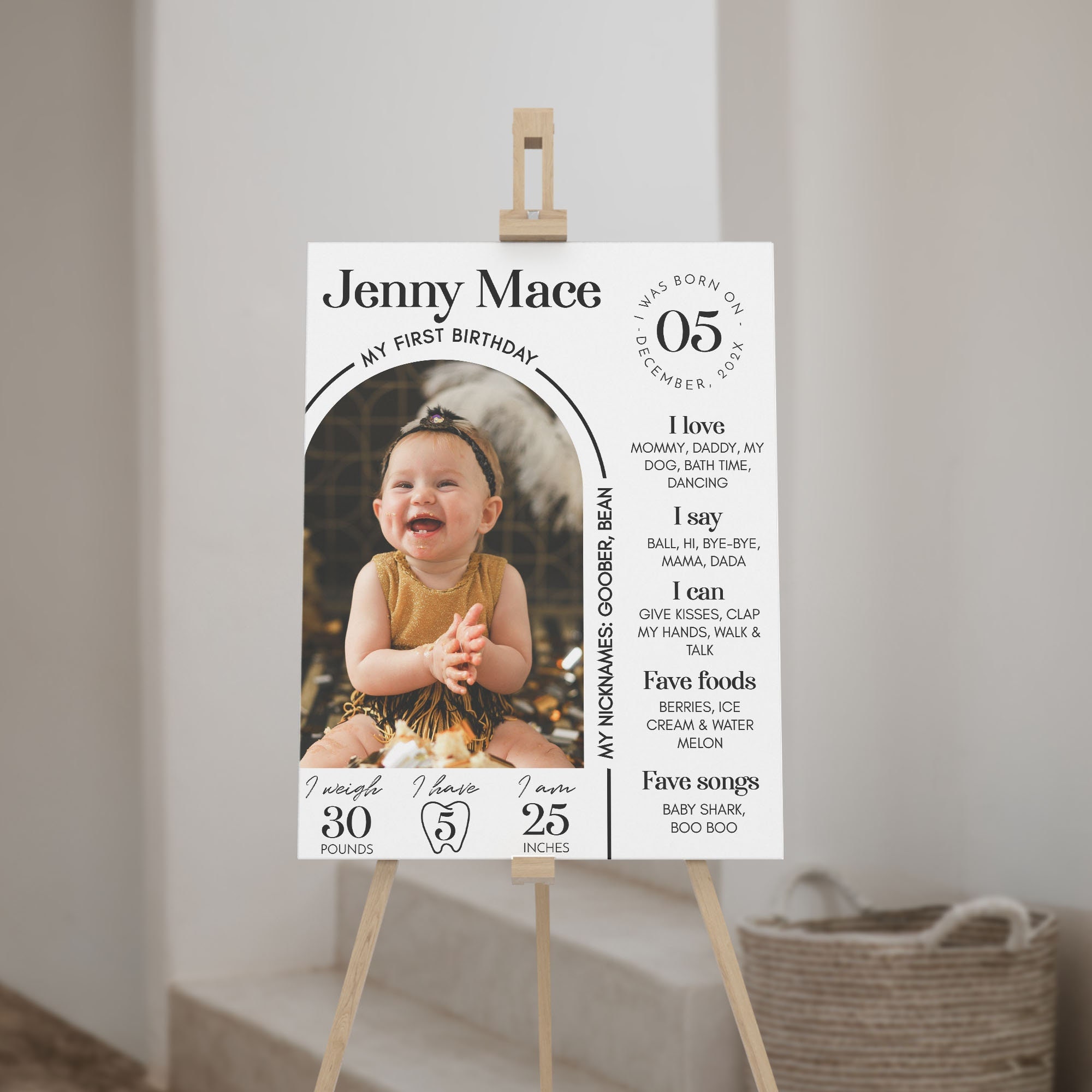 EDITABLE First Birthday Milestone Sign, Modern 1st Birthday Milestone Poster, One Year Photo Baby Milestone Board, Printable Template. #M004