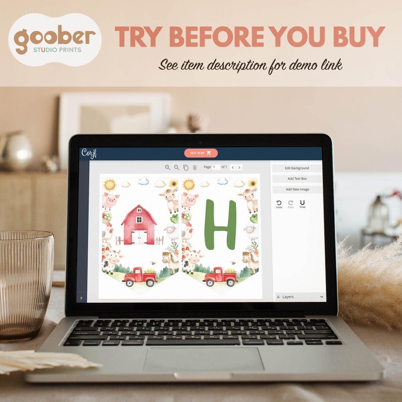 May include: A laptop screen displaying a digital design interface for a party banner. The banner features watercolour illustrations of farm animals, a red barn, and a red truck, with the letter H in green. Text includes TRY BEFORE YOU BUY.