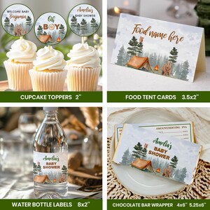 May include: A collection of baby shower party supplies with a camping theme. Includes cupcake toppers, food tent cards, water bottle labels, and chocolate bar wrappers. Designs feature a tent, bear, and forest elements. The cupcake toppers are 2 inches in diameter.