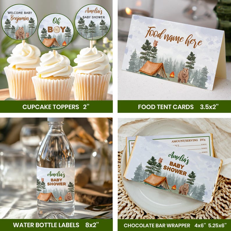 May include: A collection of baby shower party supplies with a camping theme. Includes cupcake toppers, food tent cards, water bottle labels, and chocolate bar wrappers. Designs feature a tent, bear, and forest elements. The cupcake toppers are 2 inches in diameter.