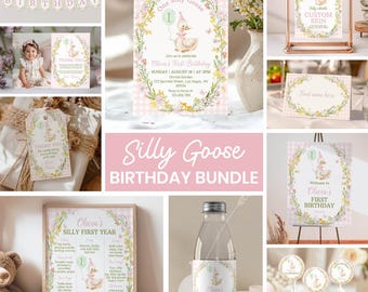 編集可能なOne Silly Gooseの誕生日招待状キット、女の子の誕生日セット、印刷可能なテンプレート。G008