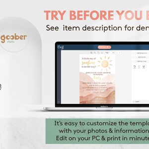 May include: A laptop screen displaying a baby shower invitation template with a peach and brown colour scheme. The invitation features a sun graphic and the text "A little ray of sunshine is on the way!" and "Join us for a baby shower honouring Baby [name]"