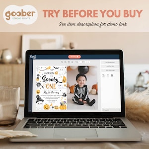 May include: A laptop displays a Halloween-themed invitation with the text "Jackson is a Spooky One." The invitation features a photo of a baby in a skeleton costume. The screen also shows editing tools. The words "Try Before You Buy" are at the top.
