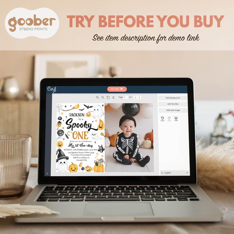May include: A laptop displays a Halloween-themed invitation with the text "Jackson is a Spooky One." The invitation features a photo of a baby in a skeleton costume. The screen also shows editing tools. The words "Try Before You Buy" are at the top.