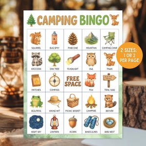 May include: A colorful camping-themed bingo game card with illustrations of a squirrel, raccoon, oak tree, and more. The card includes the text "CAMPING BINGO" and "2 SIZES: 1 OR 2 PER PAGE".
