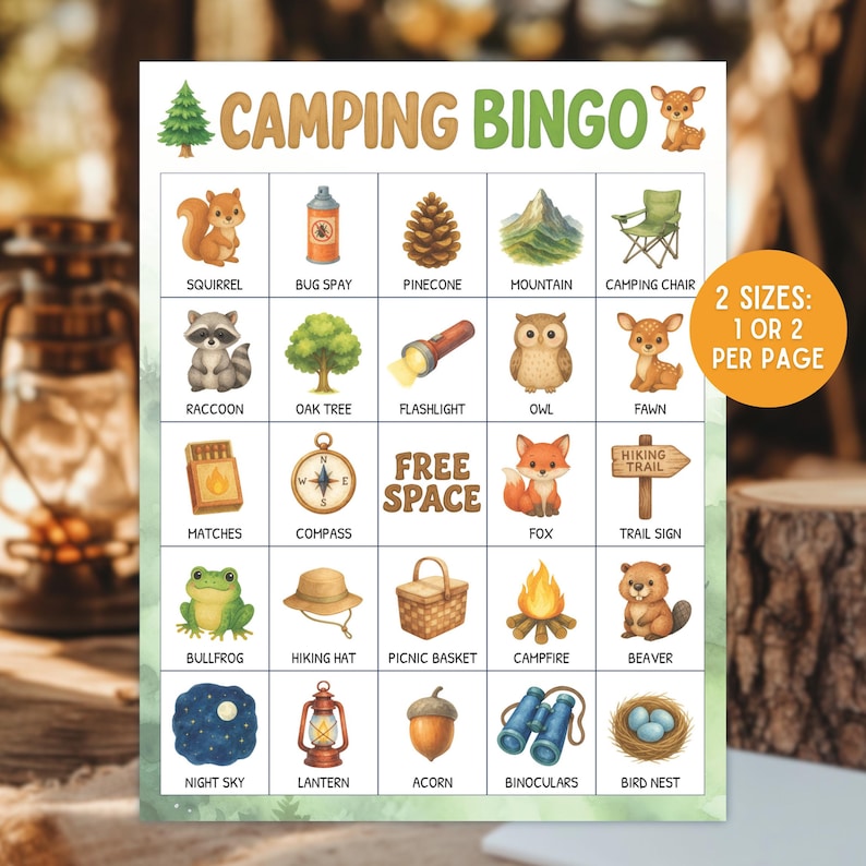 May include: A colorful camping-themed bingo game card with illustrations of a squirrel, raccoon, oak tree, and more. The card includes the text "CAMPING BINGO" and "2 SIZES: 1 OR 2 PER PAGE".