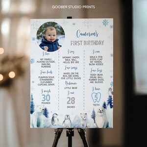Pu&ograve; includere: Un cartello di compleanno bianco con una foto circolare di un bambino, fiocchi di neve blu e animali artici ad acquerello. Il testo include Cameron's First Birthday, I love, I say, I can, I weigh 30 pounds, 28 inches e 5 teeth.