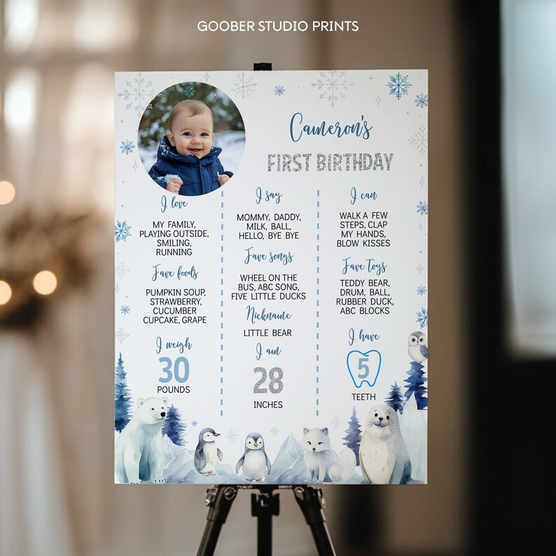 Pu&ograve; includere: Un cartello di compleanno bianco con una foto circolare di un bambino, fiocchi di neve blu e animali artici ad acquerello. Il testo include Cameron's First Birthday, I love, I say, I can, I weigh 30 pounds, 28 inches e 5 teeth.