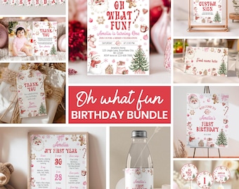 Editable Christmas 1st Birthday Party Invitation Bundle, Pink Girl December Winter Birthday, Oh What Fun Party Pack, Printable Template HC04