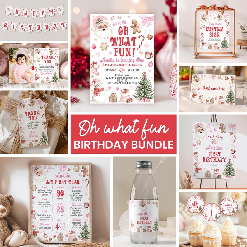 Editable Christmas 1st Birthday Party Invitation Bundle, Pink Girl December Winter Birthday, Oh What Fun Party Pack, Printable Template