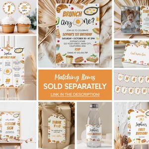 Pu&ograve; includere: Un set di decorazioni per feste stampabili per un primo compleanno con un tema a colazione. Le decorazioni includono un cartello di benvenuto, uno striscione, un'etichetta di ringraziamento, un'etichetta per bottiglia d'acqua, un cartello con un elenco dei traguardi del primo anno del bambino e decorazioni per cupcake. Le decorazioni presentano illustrazioni di cibi per la colazione come uova, pancetta, waffle e toast.