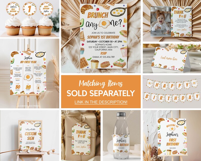 Pu&ograve; includere: Un set di decorazioni per feste stampabili per un primo compleanno con un tema a colazione. Le decorazioni includono un cartello di benvenuto, uno striscione, un'etichetta di ringraziamento, un'etichetta per bottiglia d'acqua, un cartello con un elenco dei traguardi del primo anno del bambino e decorazioni per cupcake. Le decorazioni presentano illustrazioni di cibi per la colazione come uova, pancetta, waffle e toast.