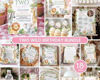 May include: A Two Wild birthday party bundle featuring safari animal illustrations including a lion, giraffe, zebra, and elephant. The set includes invitations, banners, cupcake toppers, thank you tags, signs, and stationery with floral accents.