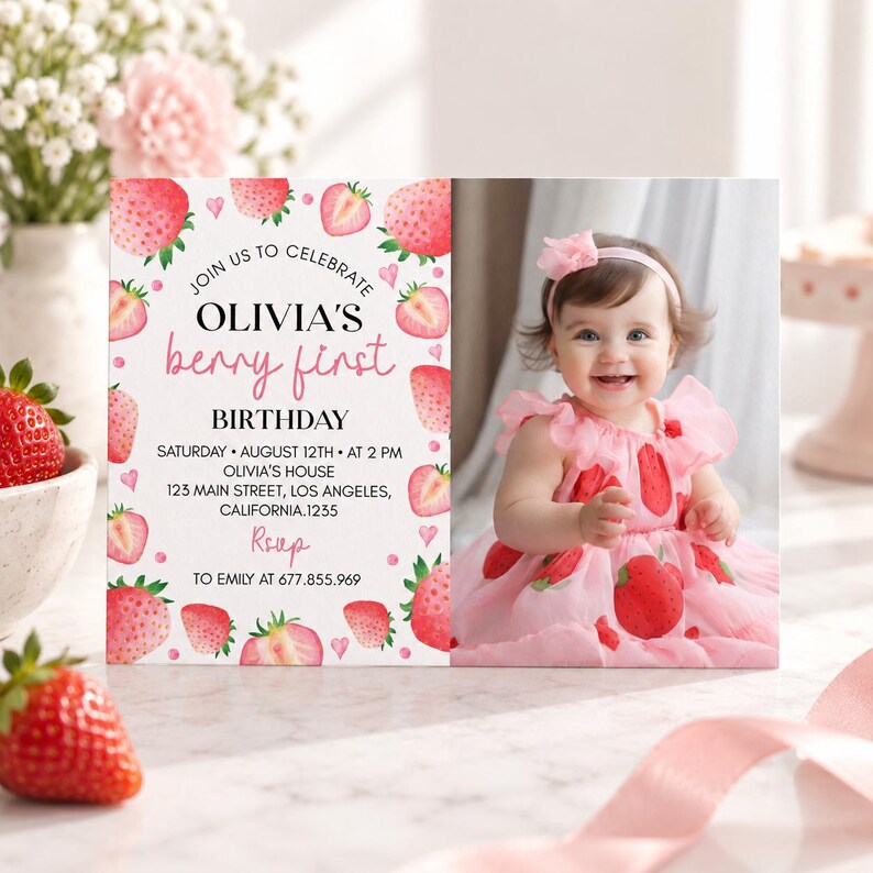 May include: A rectangular birthday invitation card featuring a white background with watercolor strawberry illustrations and pink text. The card reads: JOIN US TO CELEBRATE OLIVIA'S berry first BIRTHDAY, SATURDAY AUGUST 12TH AT 2 PM, OLIVIA'S HOUSE, 123 MAIN STREET, LOS ANGELES, CALIFORNIA 1235, RSVP TO EMILY AT 677.855.969. A photograph of a smiling child wearing a pink strawberry-patterned dress and a matching headband is on the right side.