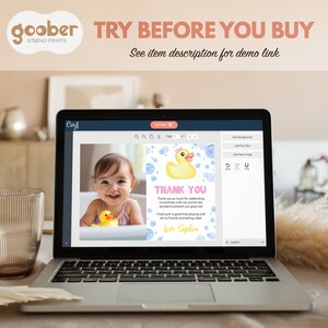 May include: A laptop screen displaying a digital thank you card template featuring a photo of a baby with a yellow rubber duck, a watercolor yellow duck illustration, blue bubbles, and the text Thank You and Love Sophia in pink and yellow.