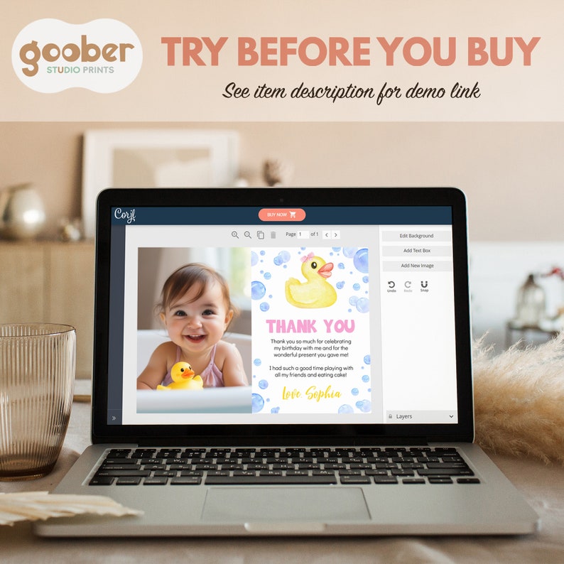 May include: A laptop screen displaying a digital thank you card template featuring a photo of a baby with a yellow rubber duck, a watercolor yellow duck illustration, blue bubbles, and the text Thank You and Love Sophia in pink and yellow.