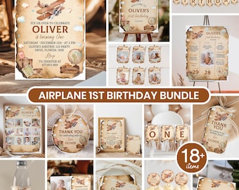 Editable Airplane First Birthday Bundle, Time Flies Party Decor, 1st Birthday Boy Instant Downloads. A005