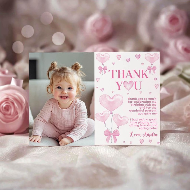 Pink Bow Birthday Thank You Card, Valentine Party Photo Thank You Card, Sweetheart Birthday Party Favor Card, Printable Template. V003