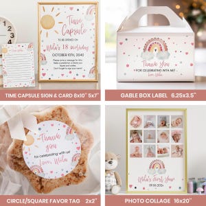 May include: A selection of party items with a rainbow theme. Includes a framed time capsule sign, a gable box label, a circle favor tag, and a photo collage. The items feature pastel colours and the text "Time Capsule" and "Thank You".