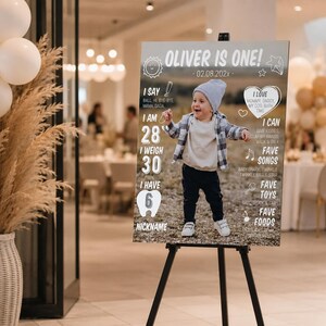 May include: A rectangular birthday milestone sign on a black easel featuring a photo of a toddler in a grey beanie and plaid shirt. The text reads OLIVER IS ONE, 02.08.202x, I SAY, I AM 28", I WEIGH 30 POUNDS, I HAVE 6 TEETH, I LOVE, I CAN, FAVE SONGS, FAVE TOYS, FAVE FOODS.