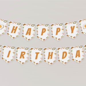 May include: A white and orange banner with the words "Happy Birthday" in orange letters. The banner is decorated with a breakfast food theme, including eggs, bacon, toast, and coffee.