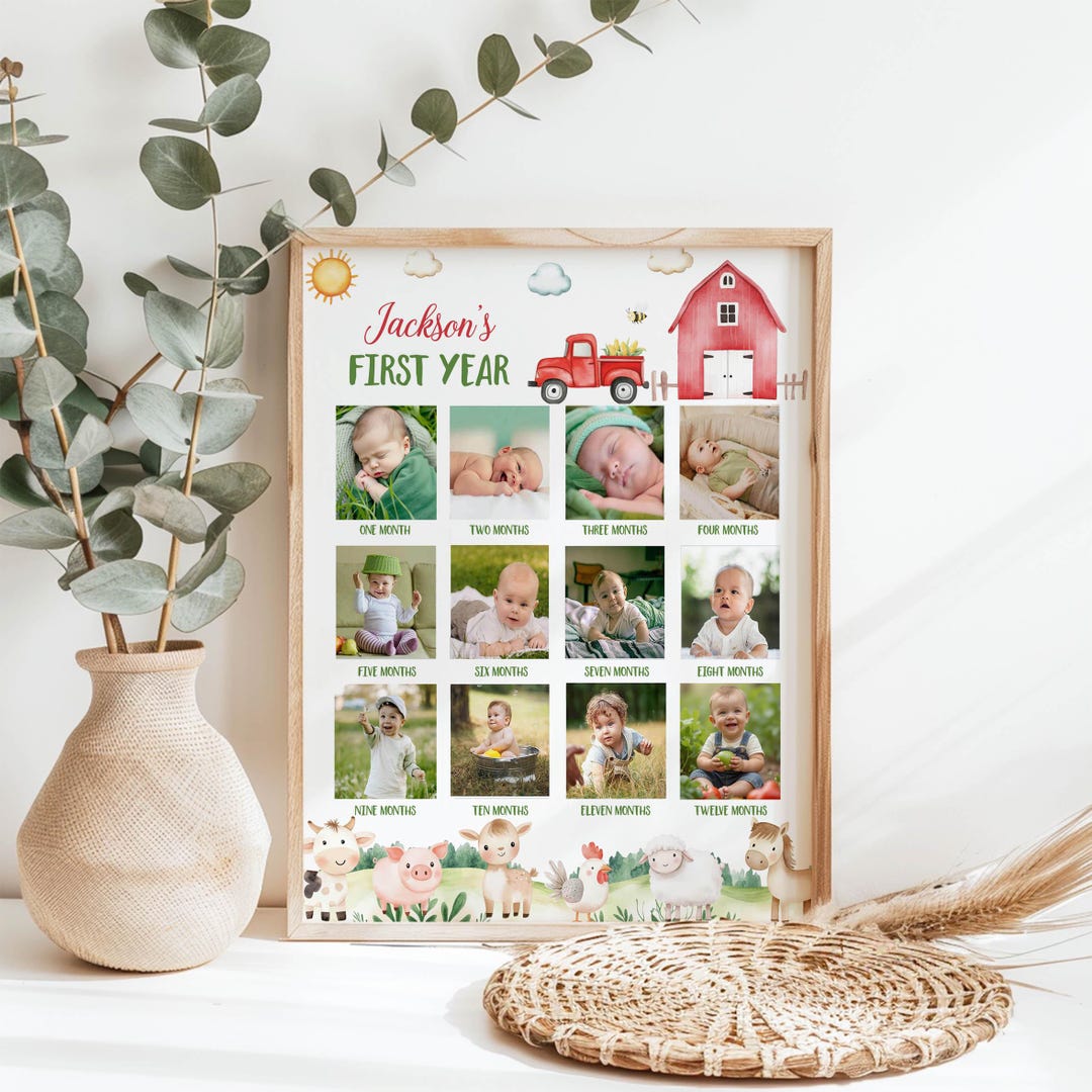 First Year Collage Math Editable First Year Photo Collage, 12 Month Photo Print, Farm Birthday ...