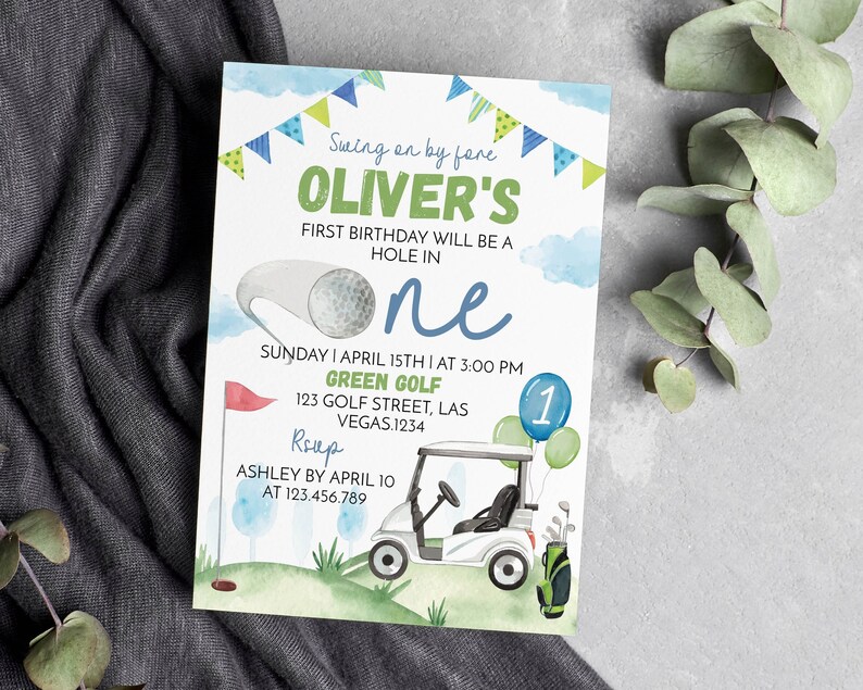 Golf Birthday Party Invitation, Golf First Birthday Invitation Template, Hole In One Birthday Invite, Golf First Birthday, Printable