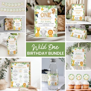 Editable Wild One 1st Birthday Bundle, Safari Birthday Invitation Bundle, Wild One Theme Birthday Party Package, Printable Templates. A015