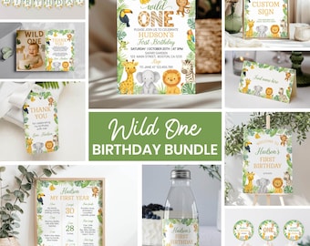 Editable Wild One 1st Birthday Bundle, Safari Birthday Invitation Bundle, Wild One Theme Birthday Party Package, Printable Templates. A015
