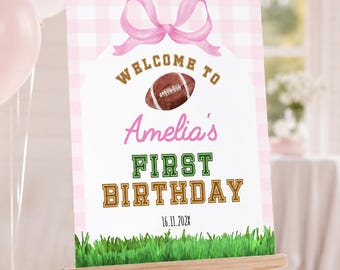 EDITABLE Football Birthday Welcome Sign, Pink Bow Birthday Party Sign, Girl 1st Birthday Decoration, Printable Template. F009