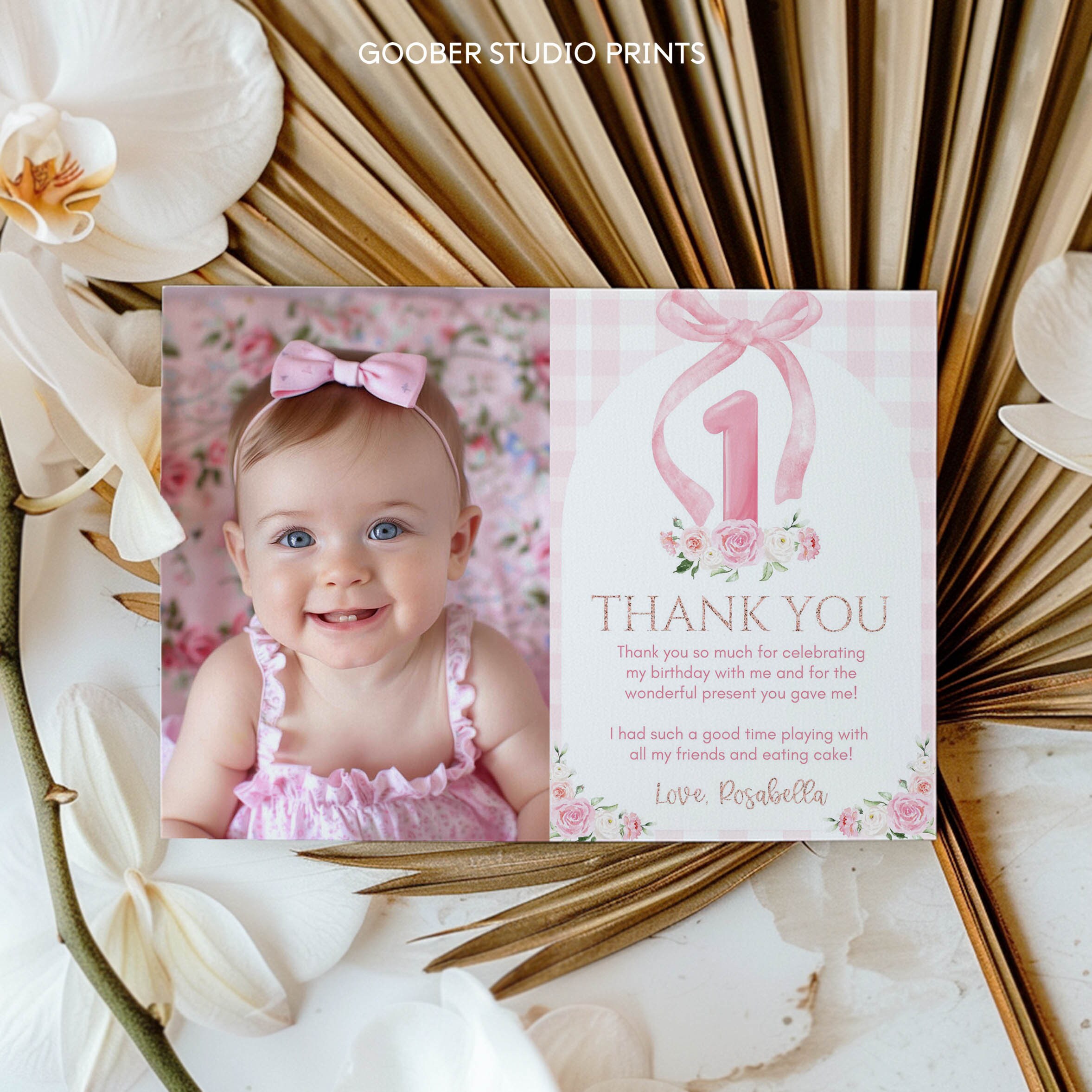 EDITABLE Pink Bow 1st Birthday Thank You Card, Blush Pink First ...
