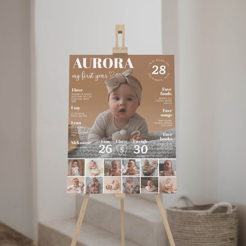 May include: A brown and white first birthday poster featuring a photo of a baby girl. The poster includes the baby's name, Aurora, and details about her first year, such as her favourite foods, songs, and books. The poster also features a photo collage of the baby at different ages.