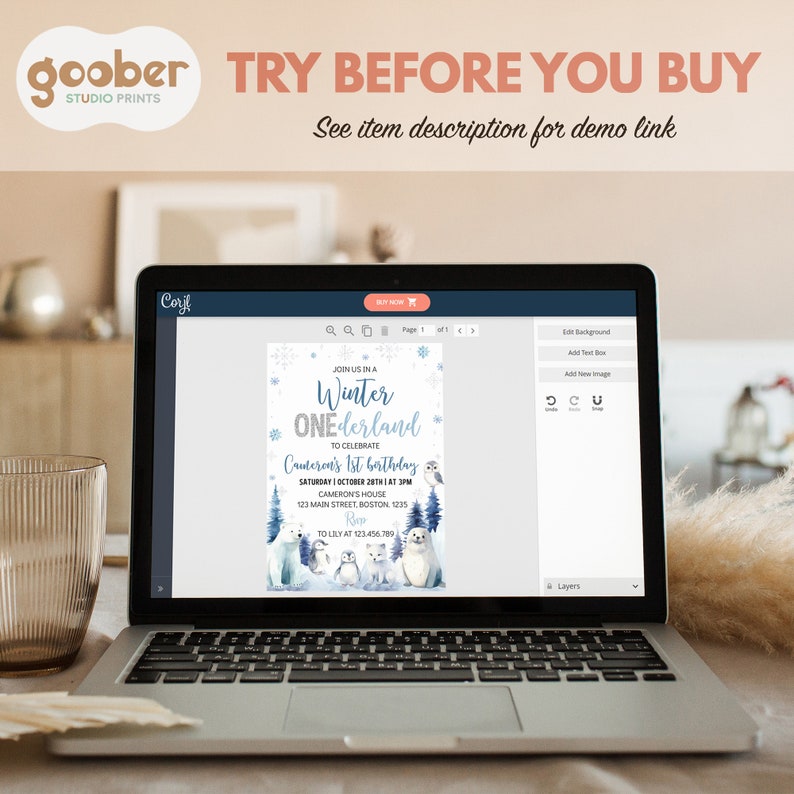 May include: A laptop screen displaying a digital birthday invitation template with a winter theme. The design features blue text reading Winter ONEderland, illustrations of polar animals, snowflakes, and event details for a first birthday.