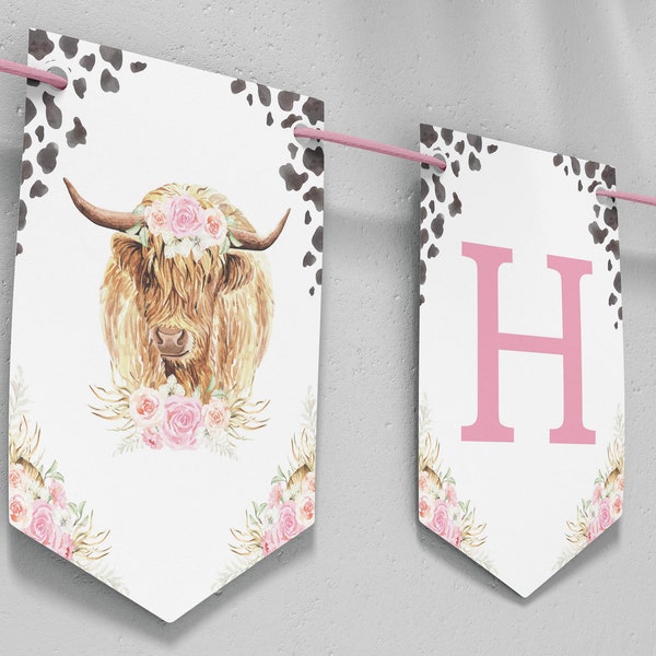 Editable Holy Cow I'm One Birthday Banner, Cow First Birthday Banner, Highland Cow Birthday Party Decor, Printable Template. C007