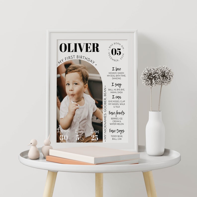 May include: A white framed printable with a black and white photo of a baby boy. The text reads "Oliver, My First Birthday." and includes details about the baby's age, weight, height, favorite foods, and toys.