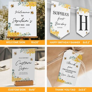 Bewerkbare First Bee Day-uitnodigingsbundel, Bee First-verjaardagsuitnodigingspakket, Honey Bee Birthday Party Decor Kit, Instant Download. B002 afbeelding 5