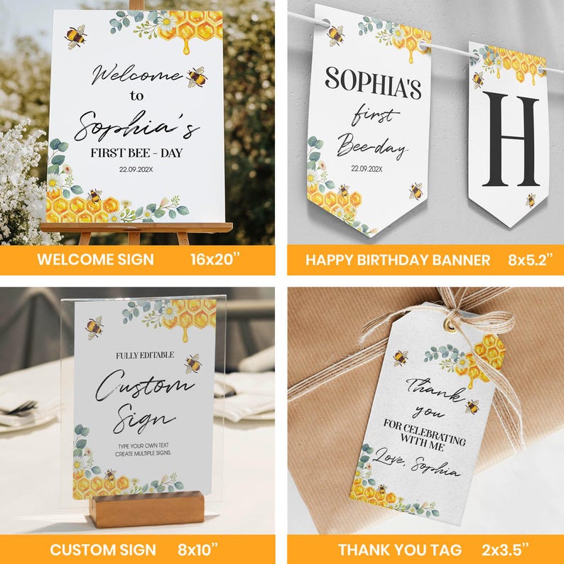 Bewerkbare First Bee Day-uitnodigingsbundel, Bee First-verjaardagsuitnodigingspakket, Honey Bee Birthday Party Decor Kit, Instant Download. B002 afbeelding 5