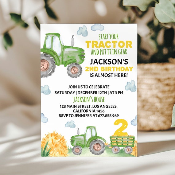 EDITABLE Tractor Birthday Invitation, Tractor 2nd Birthday Invite, Boy 2nd Birthday Invite, Tractor Invitation, Printable Template. #T003