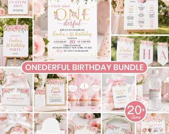 May include: A birthday party bundle featuring pink floral and gold text designs. Includes invitations, welcome signs, milestone boards, banners, cupcake toppers, favor tags, water bottle labels, and place cards with text like Little Miss ONEderful.