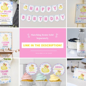 May include: A collection of party supplies featuring a yellow rubber duck and blue bubbles theme. Items include an invitation, a Happy Birthday banner, welcome signs, water bottle labels, thank you tags, cupcake toppers, and food name cards.