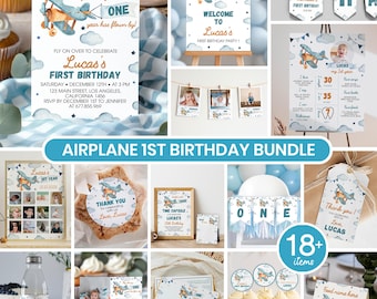 Editable Airplane Birthday Invitation Bundle, Airplane Birthday Party Decor Kit, Time Flies First Birthday Package, Instant Download. A001