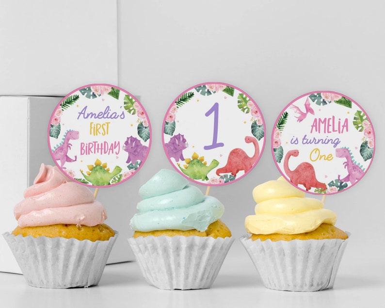 Editable Dinosaur Cupcake Toppers Girl Dinosaur Birthday Etsy