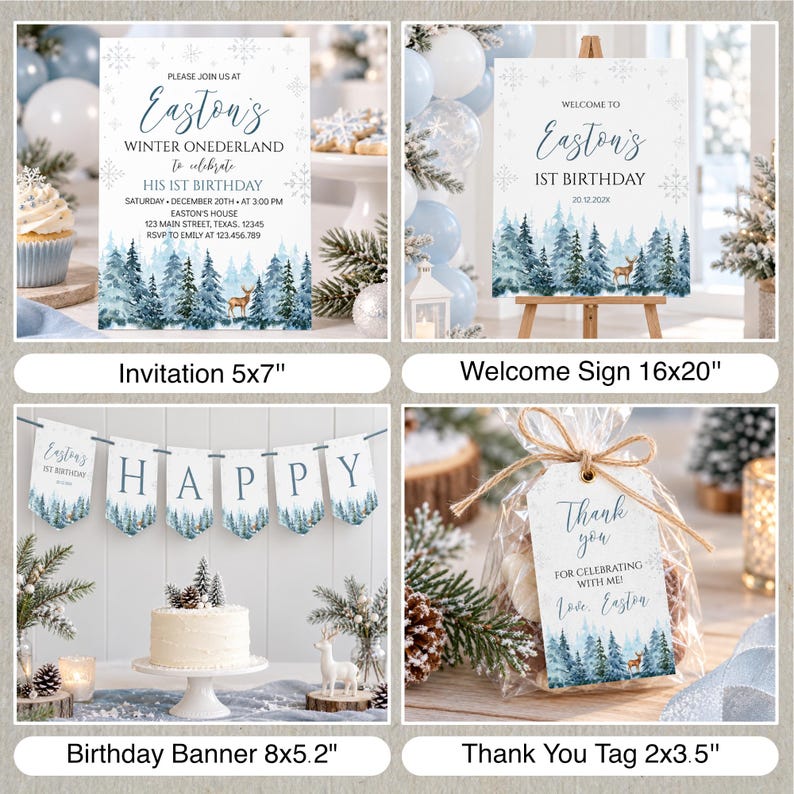 Winter Onederland Birthday Bundle | Winter Wonderland 1st Birthday Invitation Set | Woodland Deer Party Decor | Instant Download | W006 image 3
