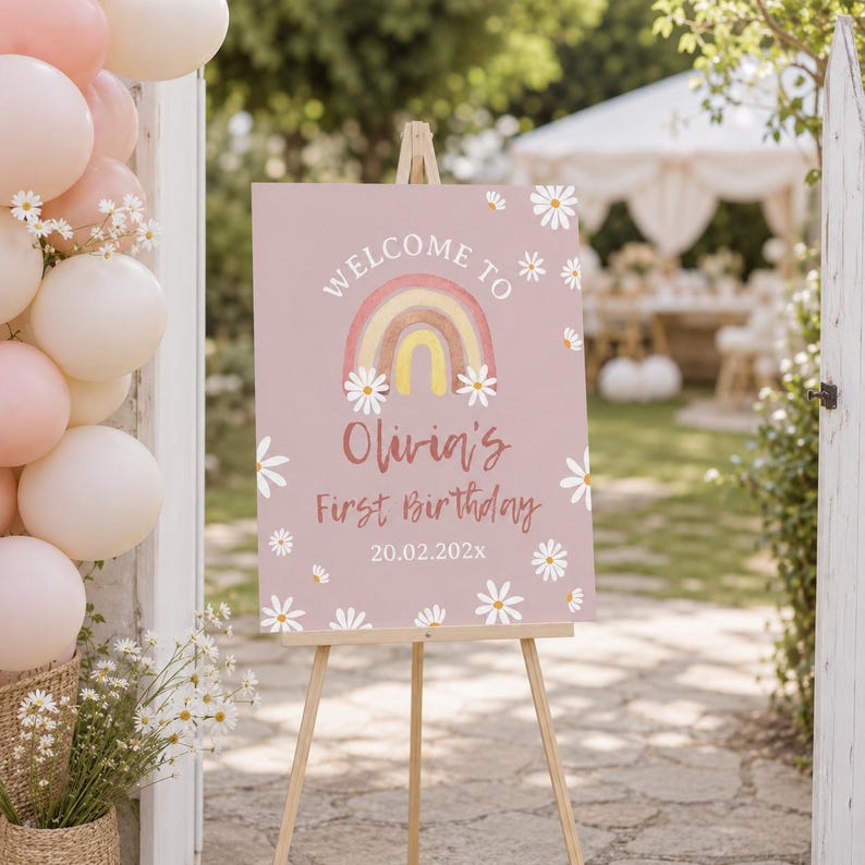 EDITABLE Daisy Welcome Sign, Boho Rainbow 1st Birthday Decor, Daisy 1st Birthday Party Sign, Retro Daisy Sign, Printable Template. D004 image 3