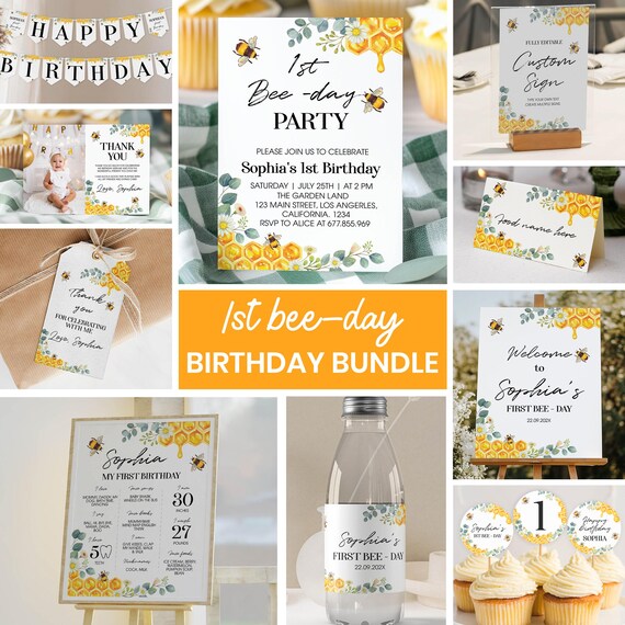 Bee Birthday Party Decor, First Bee Day Invite, Honey Bee Theme Printable Sign Supplies, Bumble Bee 1st Birthday Decorations Template. B002