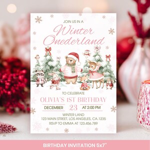 May include: A white birthday invitation card featuring the text Winter Onederland, Olivia's 1st Birthday, December 23 at 2:00 PM, and address details. The design includes watercolor illustrations of a bear, deer, fox, rabbit, and raccoon.