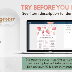 May include: A laptop screen displaying a customizable digital birthday milestone board template featuring pink strawberry illustrations, the name Olivia, and text fields for first birthday details including teeth, height, weight, and favorite things.