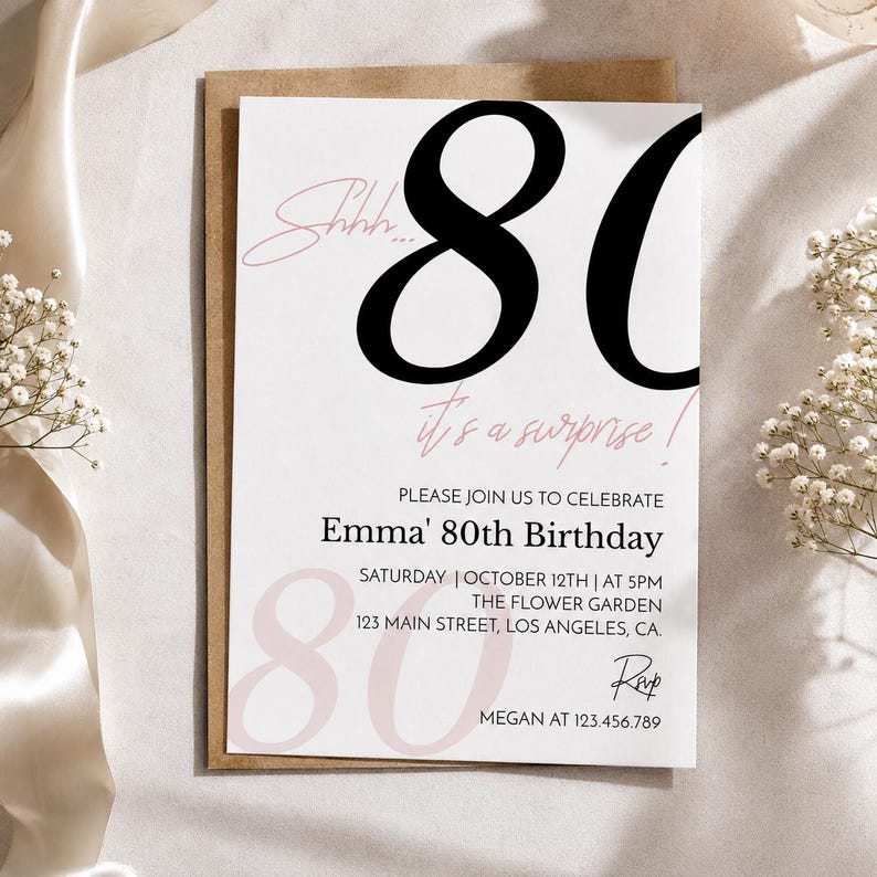 May include: A white rectangular birthday invitation card with large black numbers 80, pink script text reading Shhh... it's a surprise!, and black printed details for Emma's 80th birthday on Saturday, October 12th at 5PM at 123 Main Street, Los Angeles, CA.